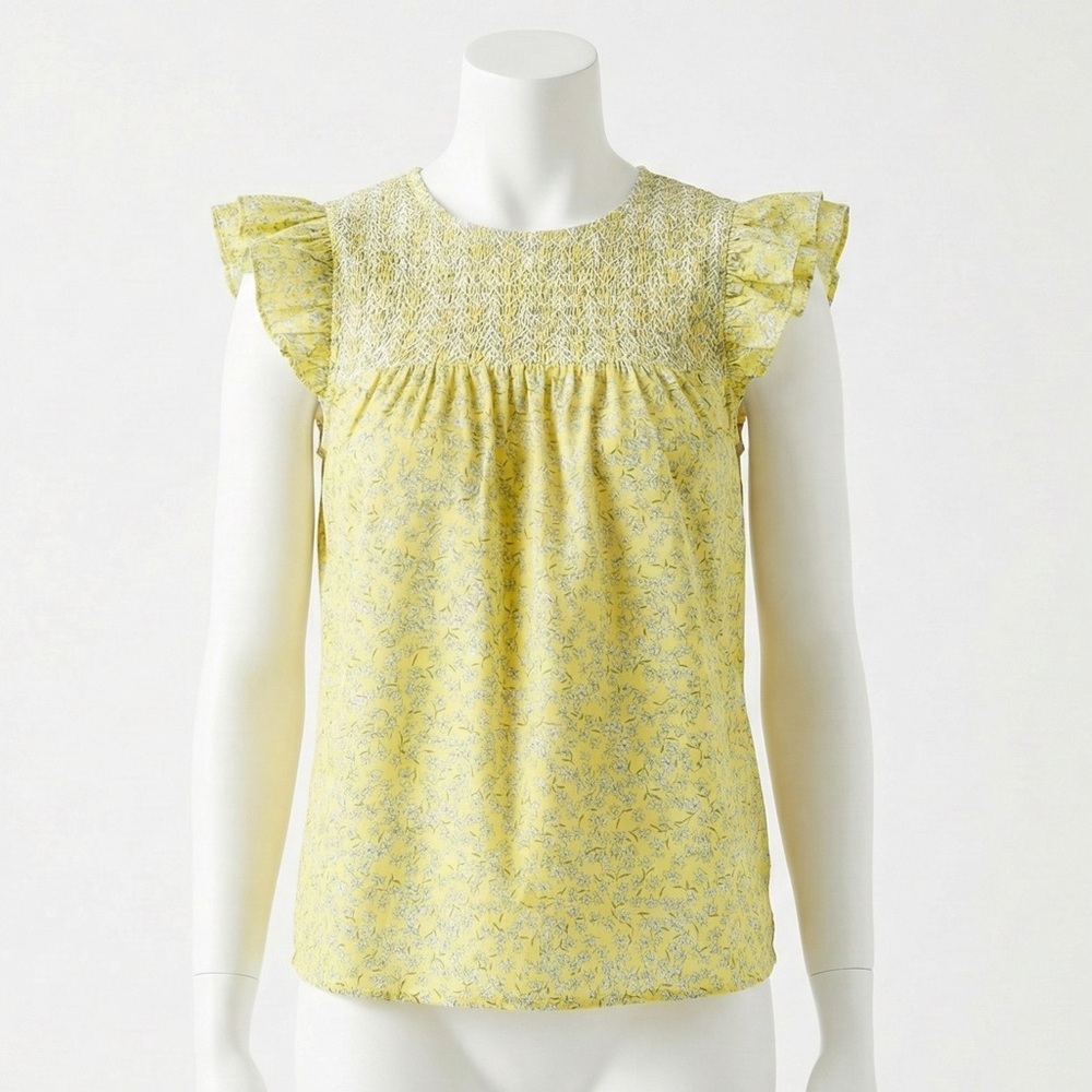 J. Crew Smocked Ruffle Sleeve Top Yellow Floral Cotton Blouse XXS
